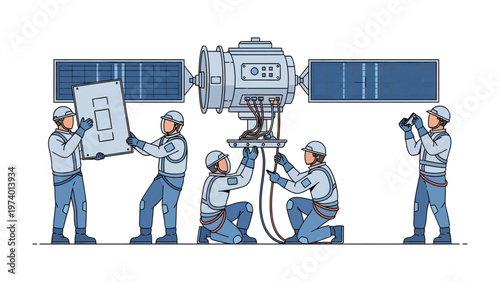 Satellite Assembly: Skilled technicians collaborate meticulously to assemble a complex satellite, symbolizing the forefront of scientific exploration and technological innovation.