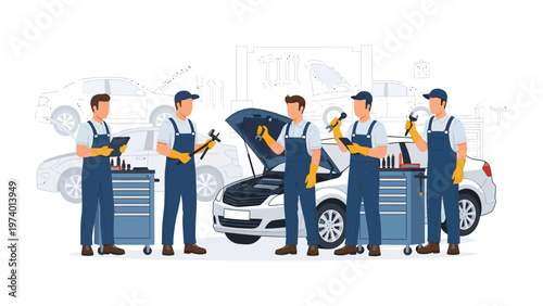 Mechanics at Work: Expert automotive mechanics meticulously inspect and repair a vehicle, showcasing professional teamwork and attention to detail in a modern auto repair shop.