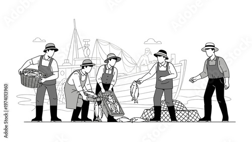 Harvest of the Sea: A group of dedicated fishermen at the harbor, busily engaged in the art of the harvest, expertly handling their day's catch from the sea, showcasing their expertise.