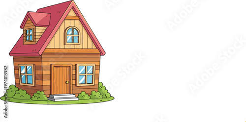Cute wooden countryside house with red roof windows and door cartoon home exterior vector illustration