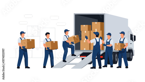 Moving Crew's Logistics: A dedicated moving crew efficiently loads boxes into a transport truck, illustrating the seamless process of relocation and organization.