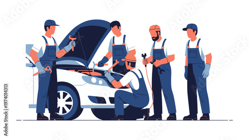 Automotive Experts in Action: A team of skilled technicians huddle around a vehicle, meticulously examining and repairing its intricate mechanics, embodying precision and dedication.