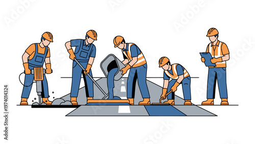 Road Construction Crew at Work: A team of construction workers diligently engaged in the process of road repair. Each member of the team plays a vital role in ensuring quality and efficiency.