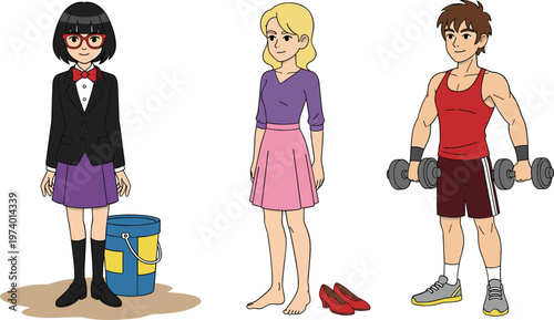 Different lifestyle characters with businesswoman, casual woman and athletic man lifting dumbbells cartoon vector illustration