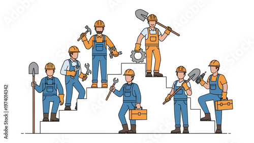 Construction Crew Ascending: A determined construction crew ascends a staircase, each member confidently holding tools, symbolizing progress and the building of success.