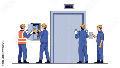 Elevator Maintenance and Repair: A team of skilled technicians meticulously inspects and repairs an elevator, ensuring safe and efficient vertical transportation.