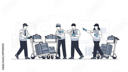 Airport Luggage Team: A focused team of airport workers efficiently manage luggage, emphasizing the crucial behind-the-scenes work of travel and transport. 