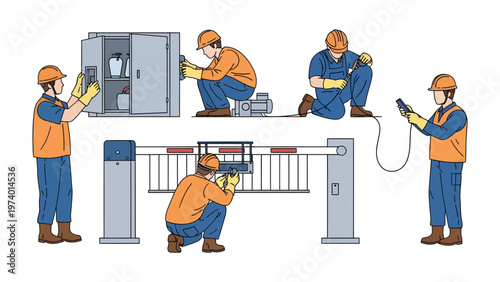 Barrier Gate Service: A team of service technicians in hardhats and safety gear is meticulously inspecting and servicing a barrier gate, with each member focused on different aspects of the process.