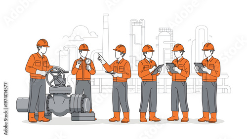 Industry Professionals at Work: A team of skilled industry workers diligently inspects machinery, showcasing expertise in a critical setting. 