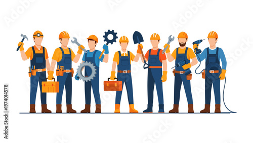 Construction Crew's Cooperative Endeavor: A proficient crew of builders stand united, each holding a different tool.