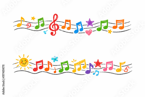 Crayon hand drawn music notes line. Cartoon colorful melody for kids musical education, kindergarten or school play concert decoration, vector illustration set