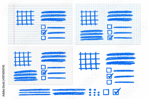 Blue childish drawn crayon grids, stripes, checkbox. Textured school lined, checkered and dotted page, checklist, bullet journal sheets vector elements