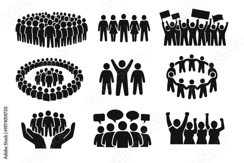 People in crowd black silhouette icons, citizen or society community. Human stick figure gather sign. Men and women on demonstration vector set