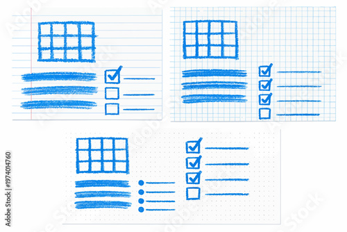 Blue childish drawn crayon grids, stripes, checkbox. Textured school lined, checkered and dotted page, checklist, bullet journal sheets vector elements