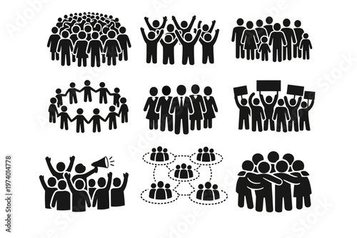 Many people group silhouette icons, crowd, social teamwork, citizen community, company team. Human person gathering black men and women stick figure. Protest, demonstration vector set