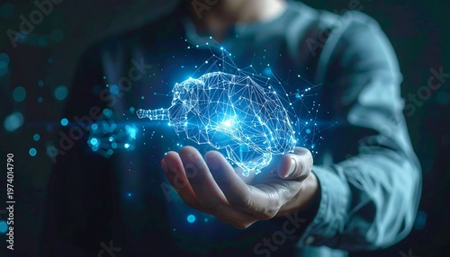 Man Holding Glowing Digital Brain - Futuristic Technology Concept.