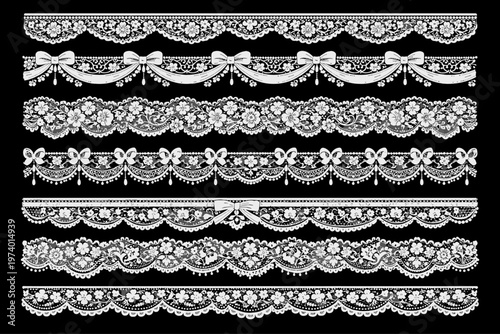 Lace ornament borders vector set. Elegant decorative trims and scalloped edges with floral embroidery and ribbon details for wedding cards, invitations, and vintage textile designs