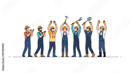 Construction Crew Triumph: A jubilant construction crew celebrates a successful project, raising their tools in a display of unity and triumph, signifying collaborative achievement. 