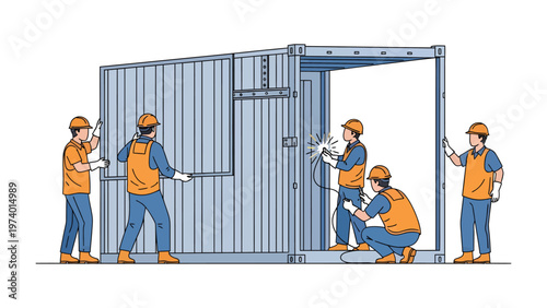 Container Assembly: A skilled crew meticulously assembles a durable container structure, demonstrating precision and teamwork in action. 
