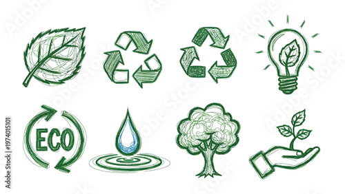 Eco-Consciousness and Green Innovations: A visual compendium of hand-drawn icons that celebrate eco-consciousness, featuring a leaf, recycle symbol, water drop, tree, and more.