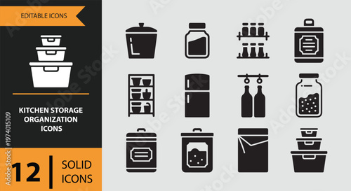 Kitchen storage organization icons set in solid black on gray background