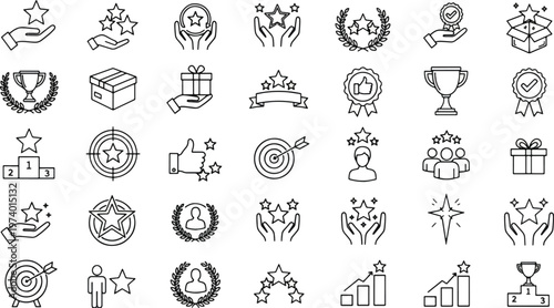 Collection of black line icons for business success and achievement concepts  including stars trophies targets people gifts and awards  on white background