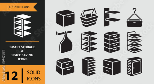 Smart storage and space saving icons in solid black on gray background
