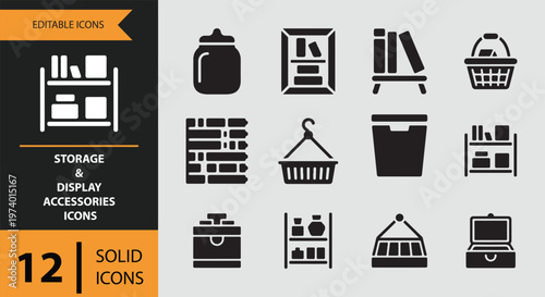 Collection of storage and display accessories icons in solid style