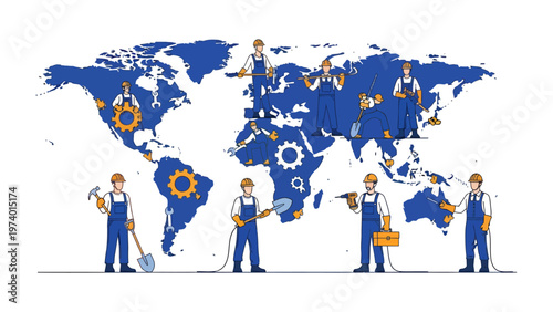 Global Workforce: A conceptual illustration depicting a global workforce, with diverse workers positioned around the world map, symbolizing international collaboration.