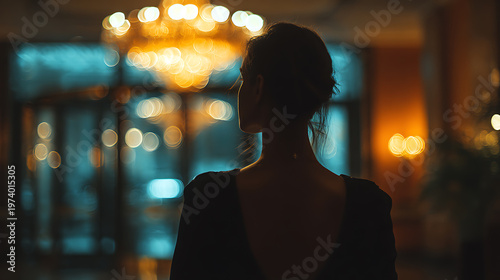 A woman with her back turned walking inside a building with a large chandelier