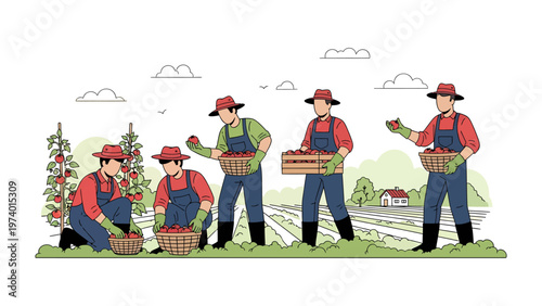 Harvest Harmony: Illustration depicting farmers engaged in the act of harvesting ripe red tomatoes. Focus on the hard work and community spirit inherent in agricultural labor.