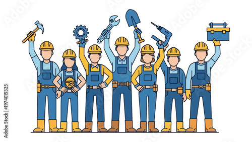 Construction Team Unity: A group of construction workers, each holding a different tool, stand together in a show of unity, ready to build and achieve.