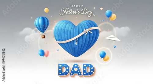 Happy Fathers Day Greeting Card Design with Blue Heart Balloon and Sky Background