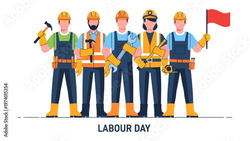 Labour Day's Working Team: A united group of laborers, each embodying strength and dedication, stand tall with their tools, signifying the essence of labor day and the value of hard work.