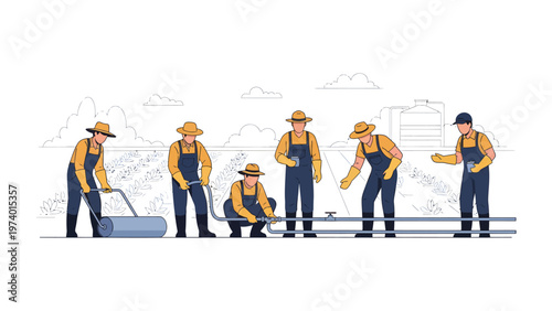 Cultivating Connections: A dedicated team of farmers diligently works in a vibrant field, tending to the land with care and precision, symbolizing the cycle of growth.