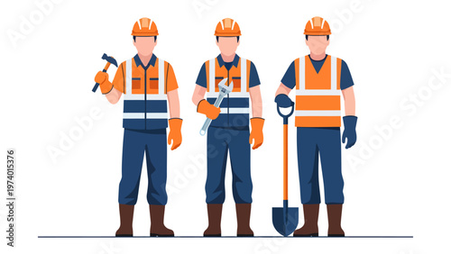 Construction Crew illustration: A dedicated construction crew stands ready for work. Each individual holding tools, symbolizing teamwork and the value of skilled labor. 