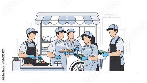 Street Food Team at Work: A team of skilled food vendors work in unison at their vibrant street food stall. Serving delicious meals.