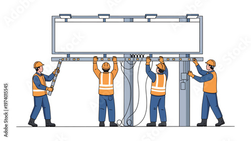 Billboard Installation: A team of construction workers collaborate to erect a billboard, showcasing a scene of industry, teamwork, and outdoor advertising.