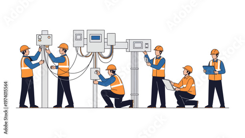 Electrical Engineers at Work: A team of skilled electrical engineers meticulously installs and inspects electrical components.