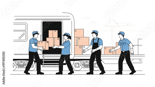 Delivering Freight: A team of workers diligently load freight boxes onto a train, highlighting efficiency, logistics, and the movement of goods in a streamlined process.