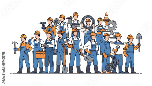 Unity of Labor: A collective of industrious workers stands united, ready to build and create, each holding their essential tools, representing dedication and skill.