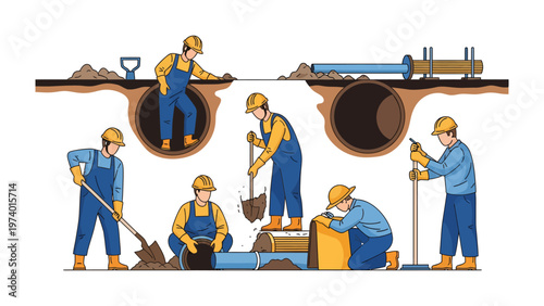 Pipeline Construction: A team of skilled workers meticulously installs a segment of pipeline. The scene highlights the precision and collaboration required in this vital infrastructure project.