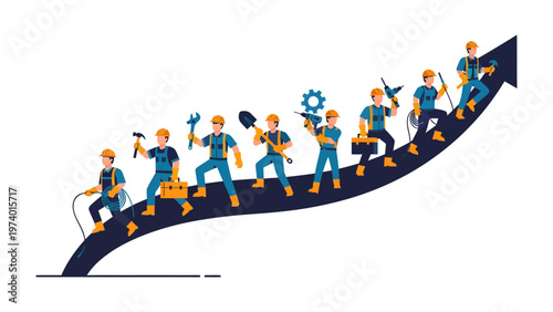 Construction Workers Ascending: A determined group of construction workers, each carrying essential tools, ascends a rising arrow, representing progress and growth in the industry.