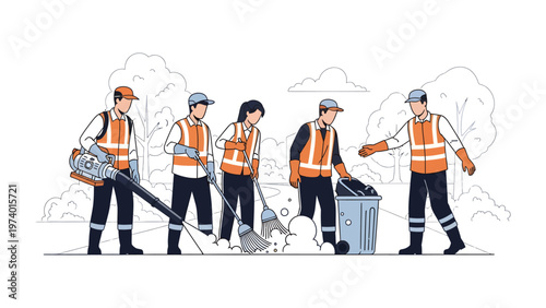 Community Clean-up Crew: An illustration depicting a team of sanitation workers diligently maintaining a public park, focusing on cleanliness and environmental responsibility.