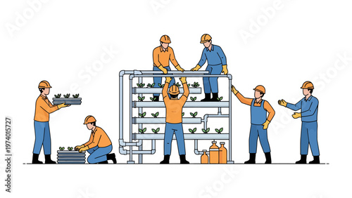 Hydroponic System Assembly: A dedicated team of workers collaborates to construct and install a hydroponic system, vital for sustainable agriculture and resource-efficient food production.