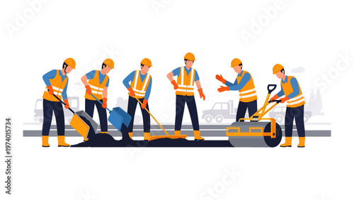 Road Construction Crew at Work: A team of construction workers diligently paving a road, showcasing teamwork and the processes of road construction.