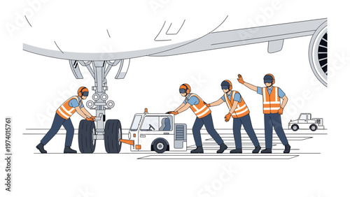 Ground Crew Teamwork: A group of dedicated ground crew members works collaboratively to prepare an aircraft for flight. showcasing their expertise and dedication in the aviation industry.