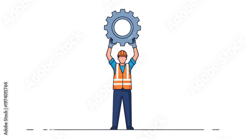 Mechanic and Gear: A worker stands proudly, holding a massive gear aloft. This image evokes themes of industry, mechanics, and manual labor.
