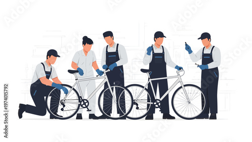 Bike Repair Team: A team of skilled technicians meticulously inspects and repairs bicycles, showcasing expertise in mechanics and a dedication to quality service.