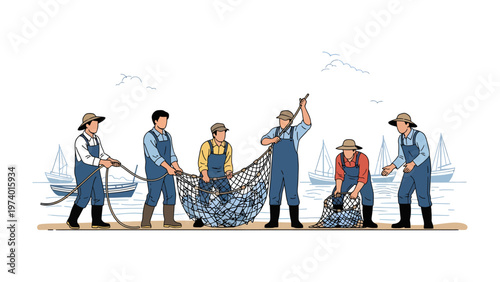 Fishermen's Bounty: A team of skilled fishermen work together to haul in their catch. The vibrant scene depicts the art of their hard work.